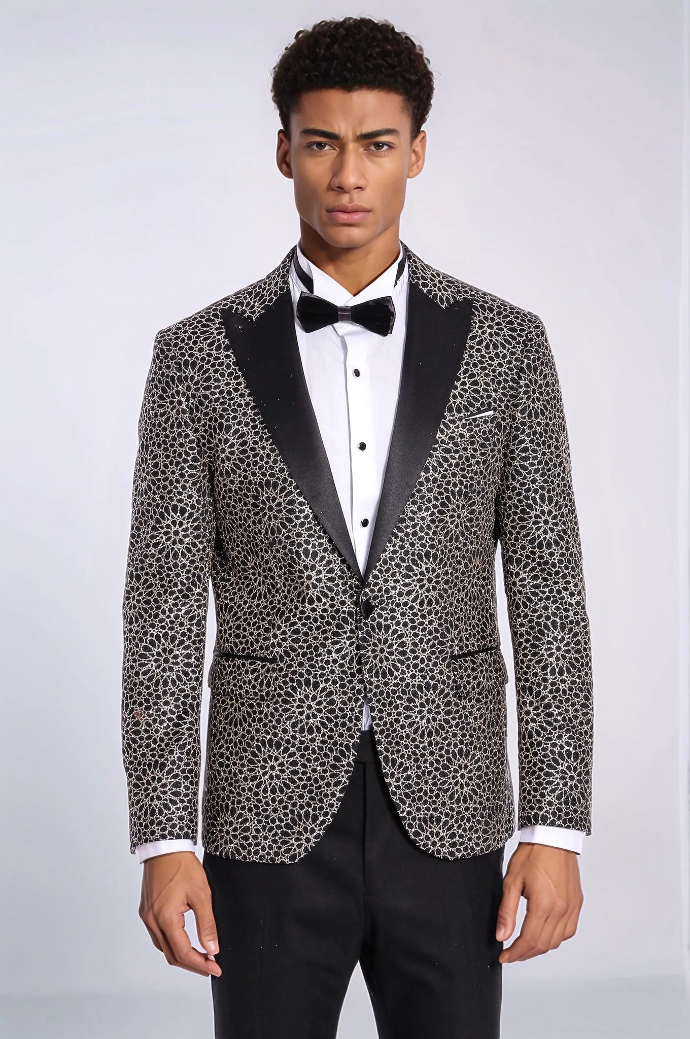 Flower Embroidered Pattern Black Men Prom Blazer - Wessi