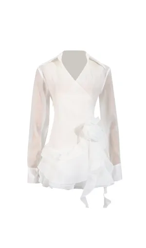 flower ruffle ribbon mini dress in white