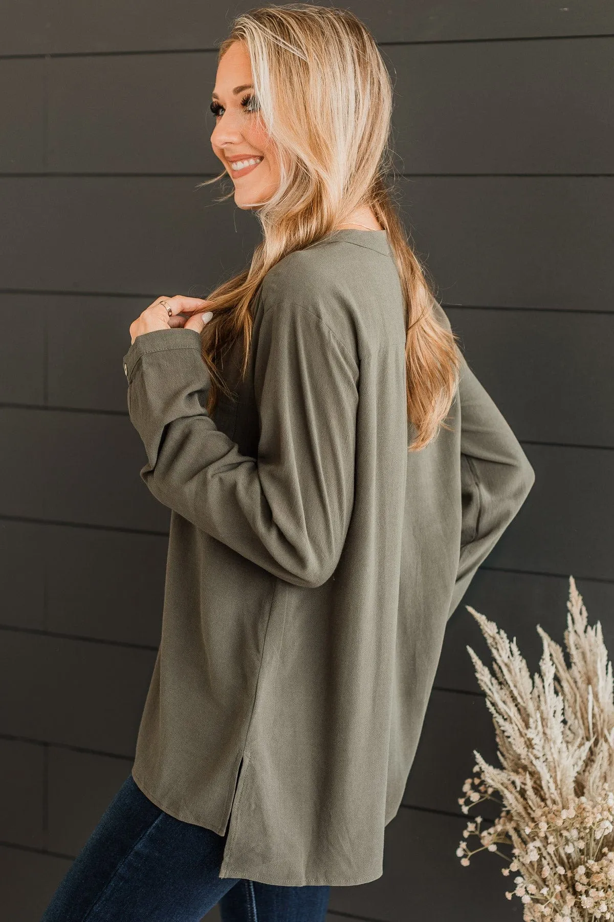 Fortunately Yours Button Top- Olive