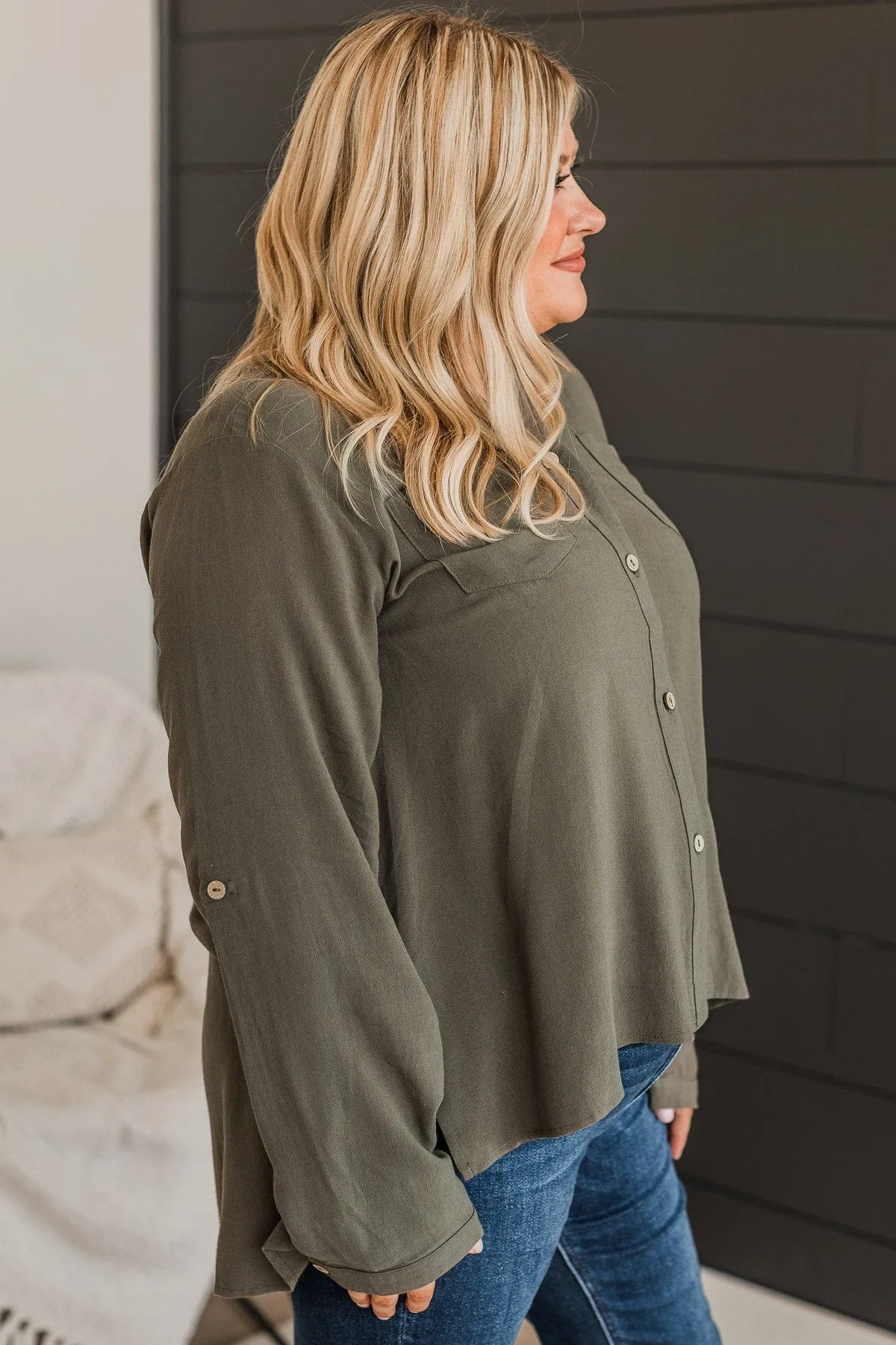 Fortunately Yours Button Top- Olive