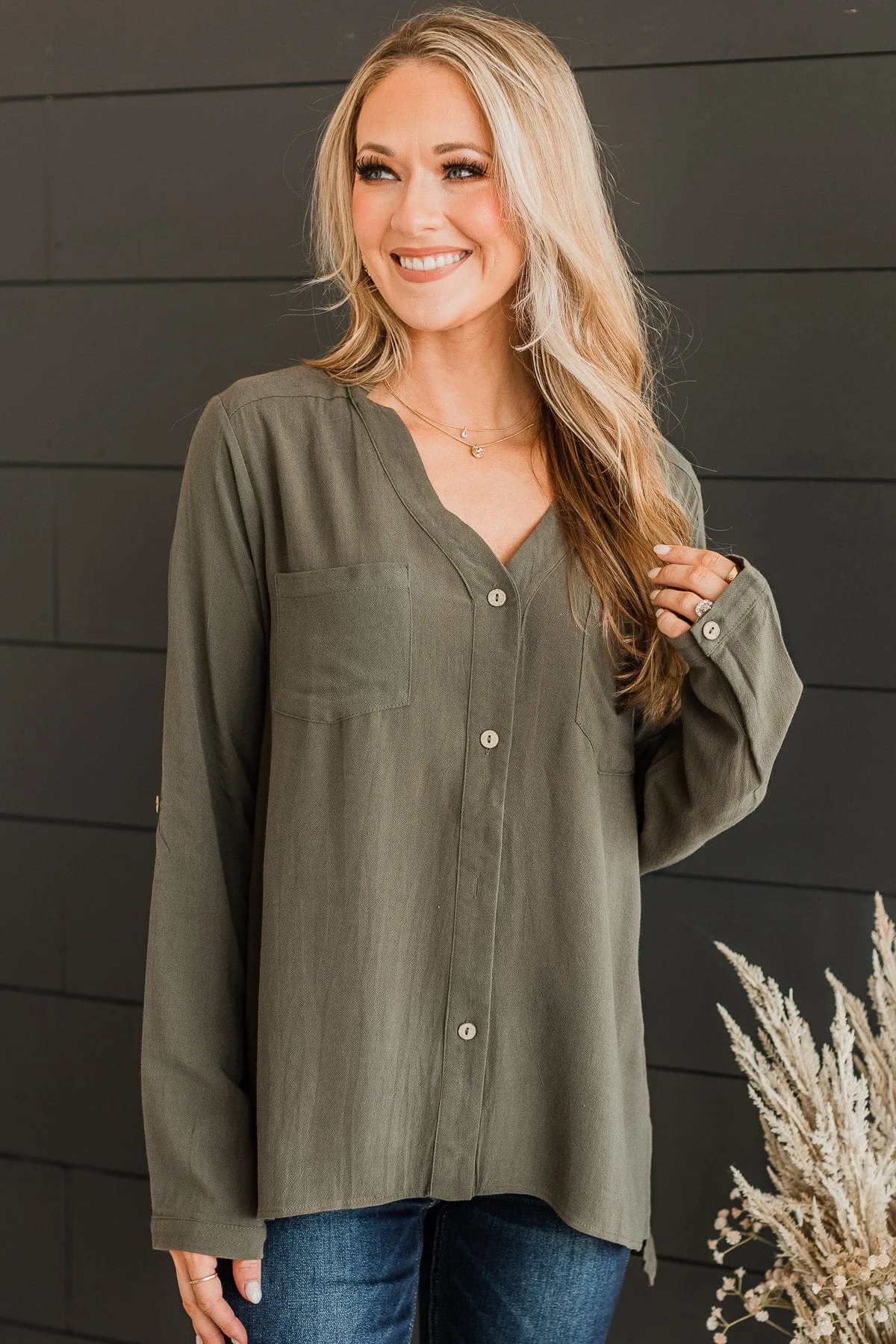Fortunately Yours Button Top- Olive