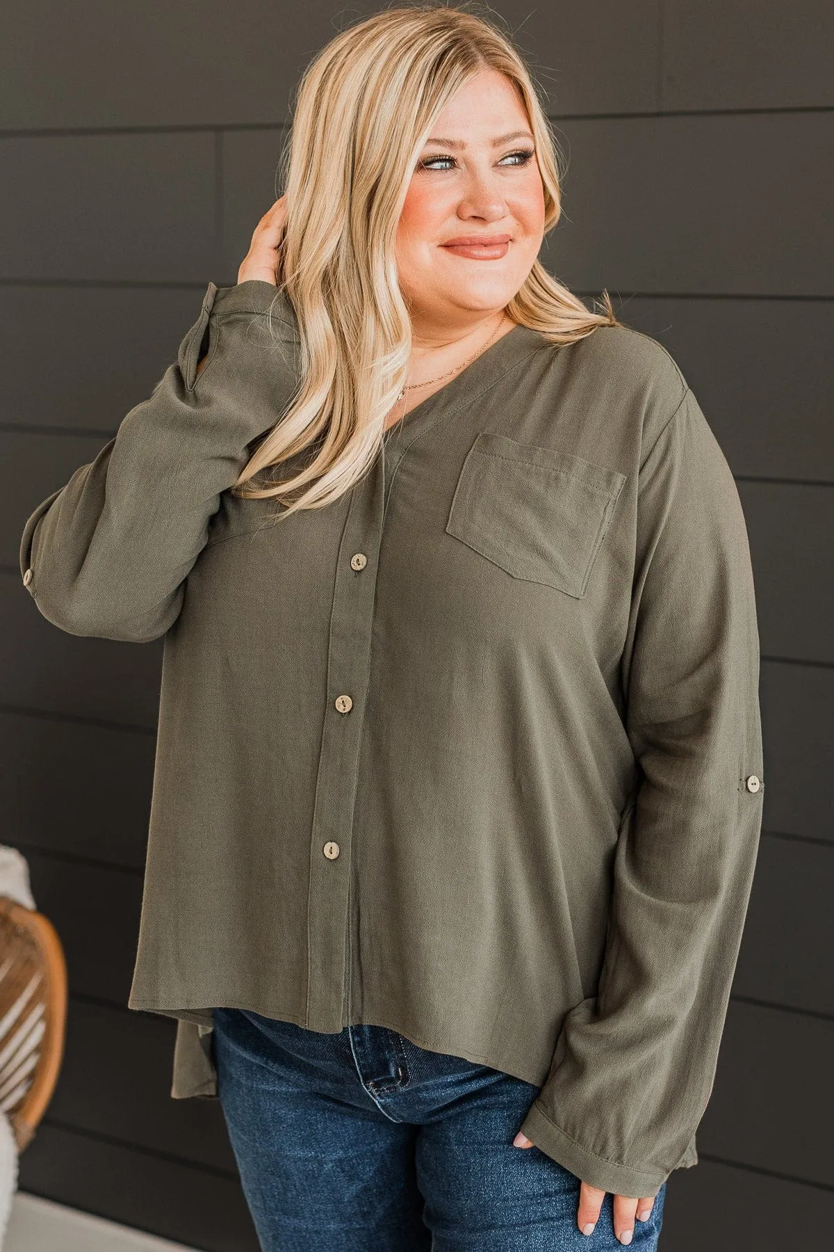 Fortunately Yours Button Top- Olive