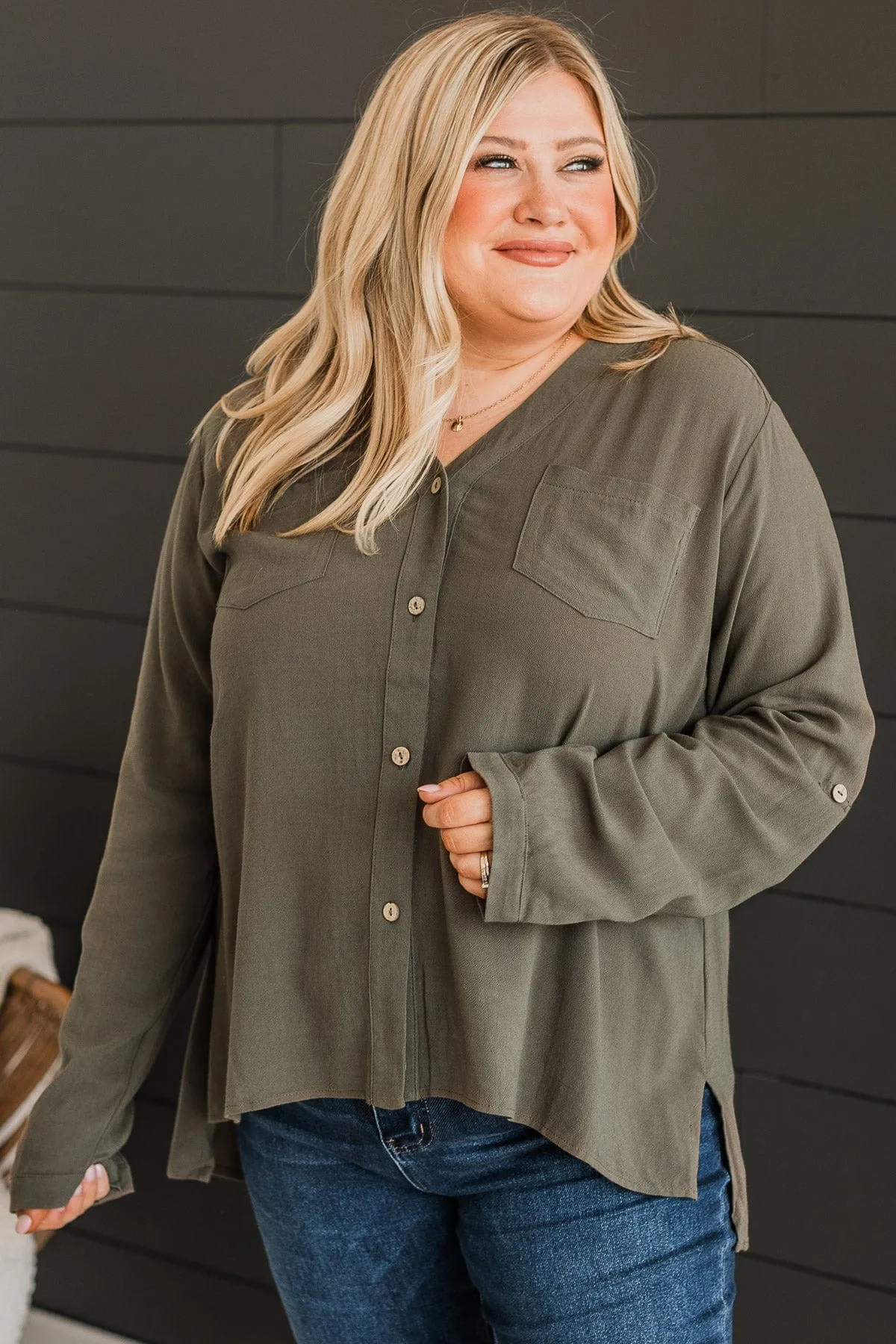Fortunately Yours Button Top- Olive