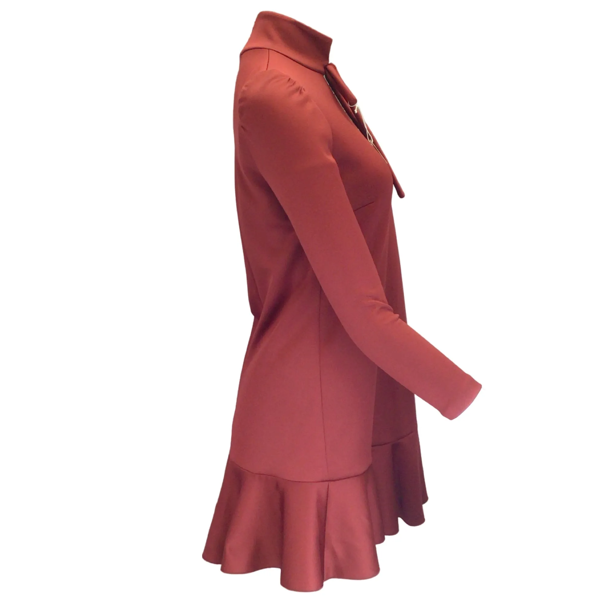 Francoise Bordeaux Bow Detail Mock Neck Long Sleeved Ruffled Hem Dress