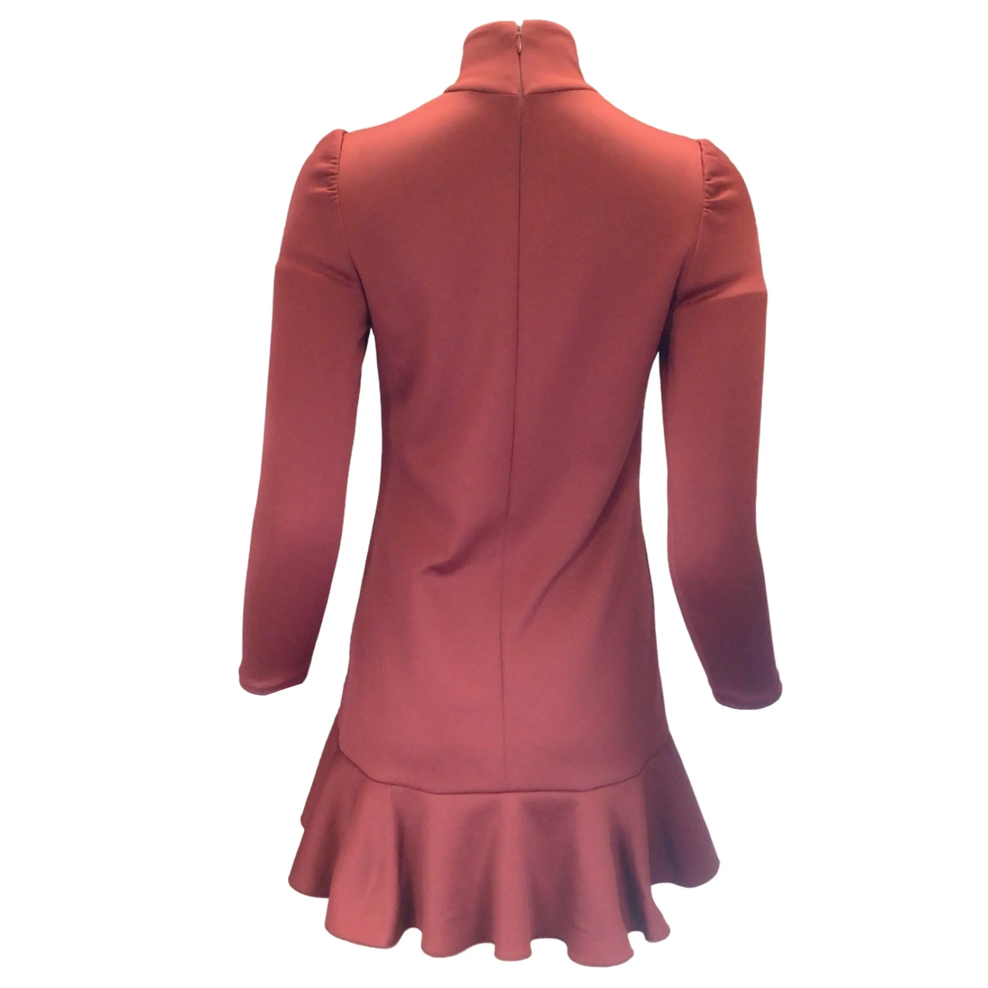 Francoise Bordeaux Bow Detail Mock Neck Long Sleeved Ruffled Hem Dress