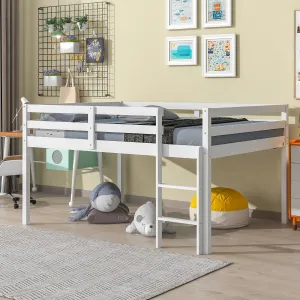 Full Size Pine Wood Kids Loft Bed Frame W/Guard Rails Ladder White