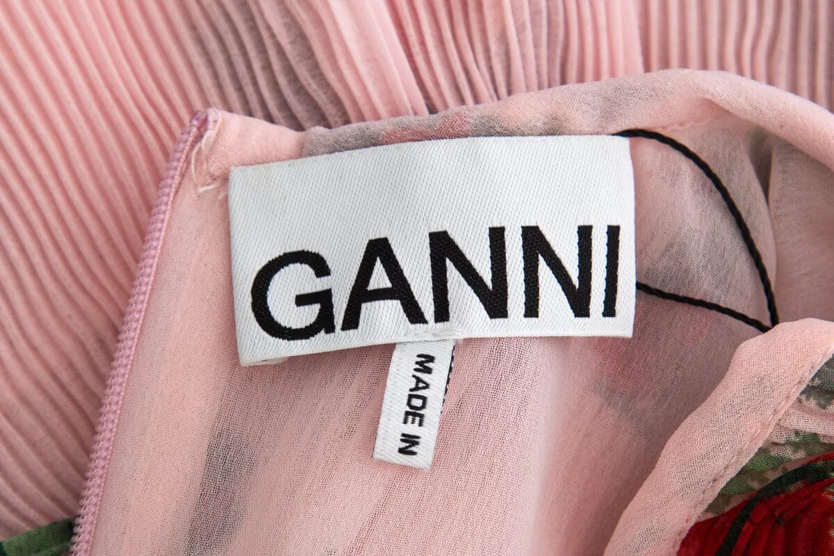 Ganni Pink Floral Pleated Ruffle Long Sleeve Dress SZ 34