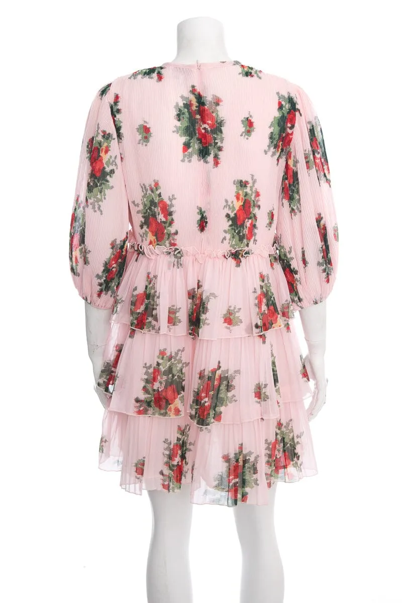 Ganni Pink Floral Pleated Ruffle Long Sleeve Dress SZ 34