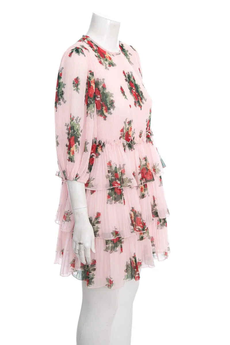 Ganni Pink Floral Pleated Ruffle Long Sleeve Dress SZ 34