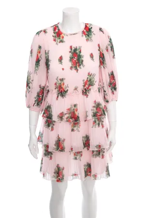 Ganni Pink Floral Pleated Ruffle Long Sleeve Dress SZ 34