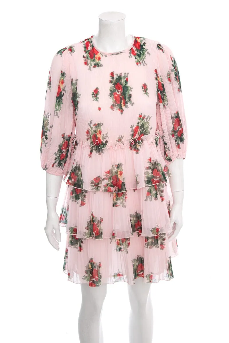 Ganni Pink Floral Pleated Ruffle Long Sleeve Dress SZ 34