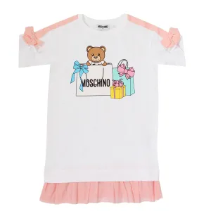 Girls Bow Sleeve Dress with Ruffle Bottom and Present Bear Print