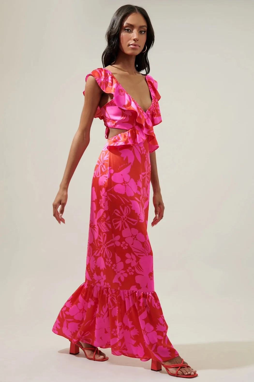 Gisele Floral Cut Out Mermaid Maxi Dress - Red/Pink