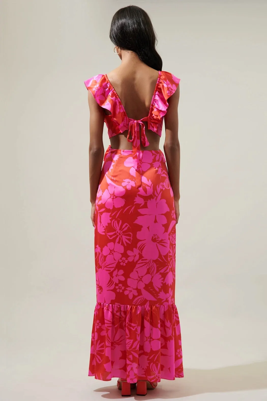 Gisele Floral Cut Out Mermaid Maxi Dress - Red/Pink