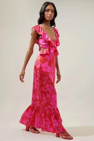Gisele Floral Cut Out Mermaid Maxi Dress - Red/Pink