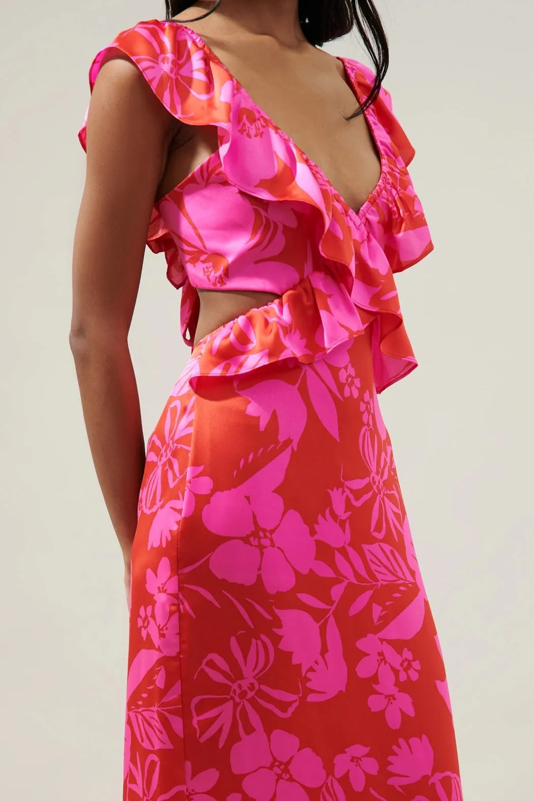 Gisele Floral Cut Out Mermaid Maxi Dress - Red/Pink