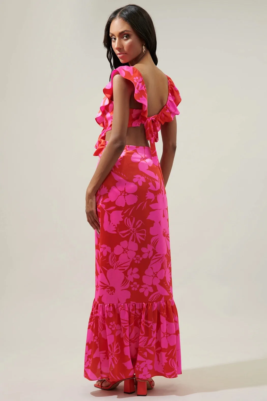 Gisele Floral Cut Out Mermaid Maxi Dress - Red/Pink