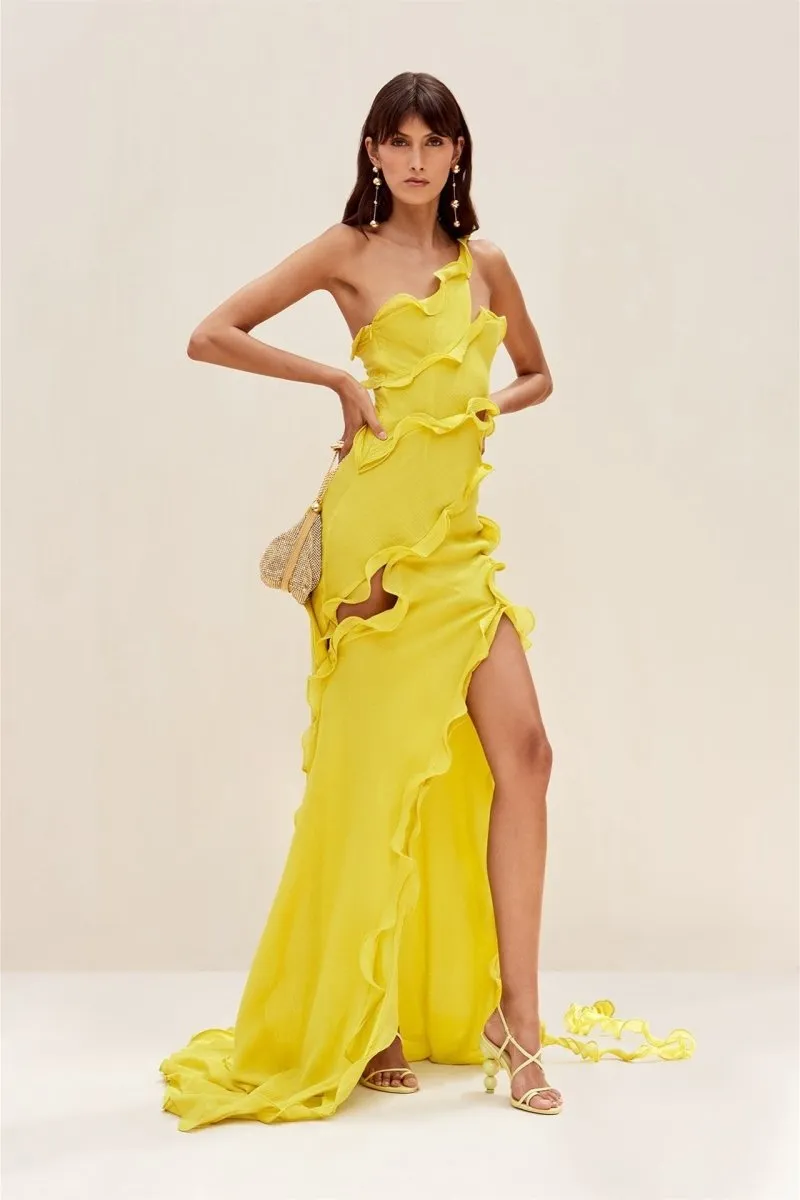 Gloria | One Shoulder Ruffle Maxi Chiffon Dress
