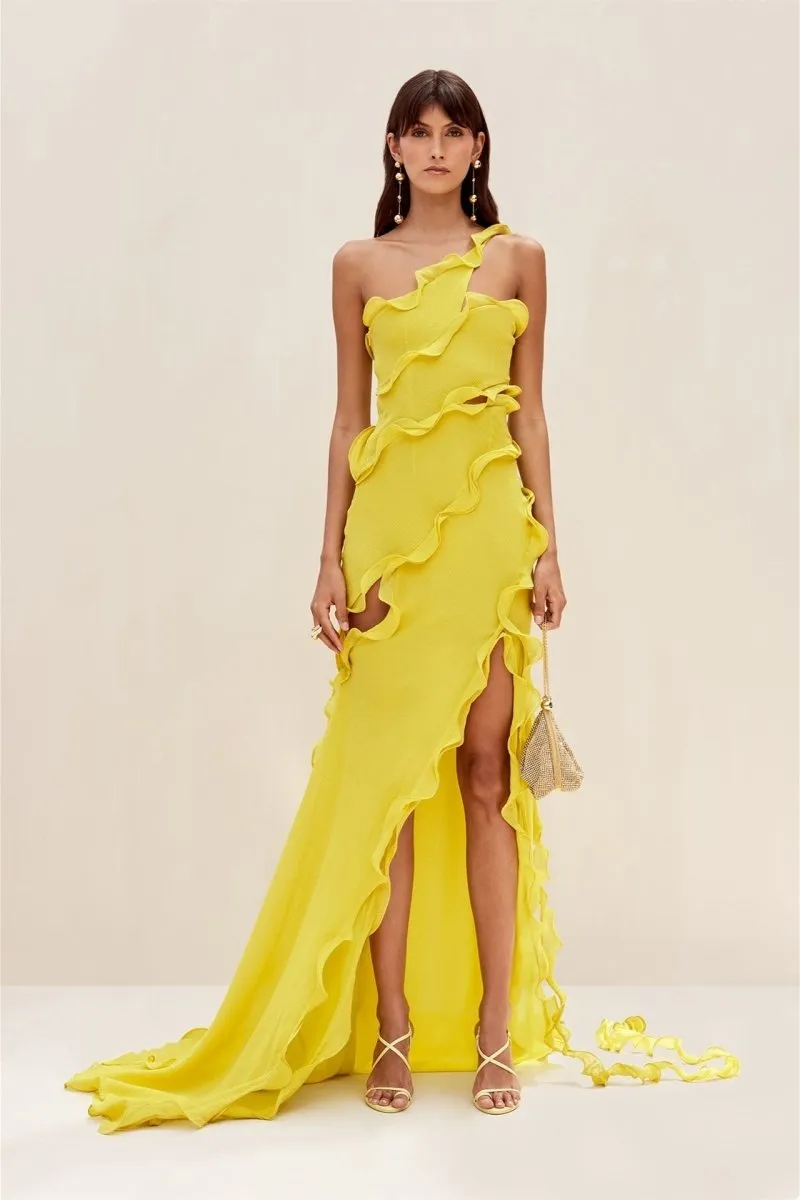 Gloria | One Shoulder Ruffle Maxi Chiffon Dress