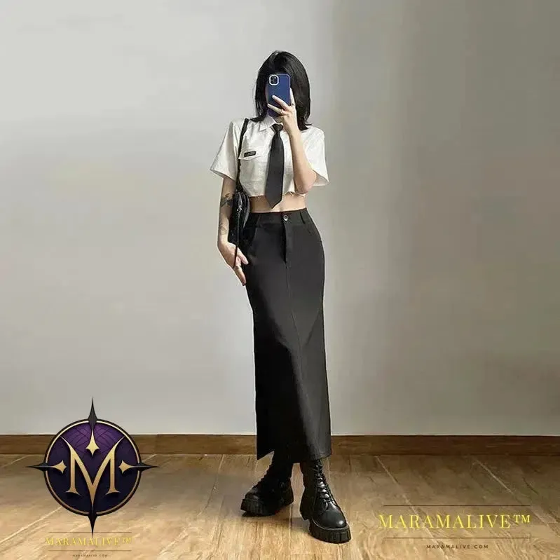 Goth Dark Elegant Mall Gothic Trumpet Women Midi Skirts Grunge High Waist Split Sexy Club Long Skirt Slim Party Streetwear