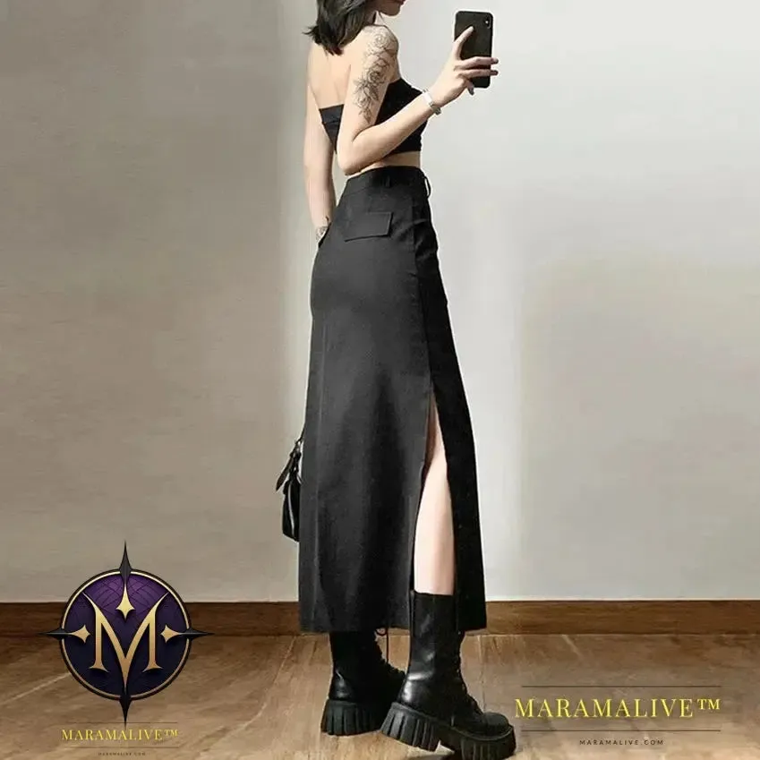 Goth Dark Elegant Mall Gothic Trumpet Women Midi Skirts Grunge High Waist Split Sexy Club Long Skirt Slim Party Streetwear