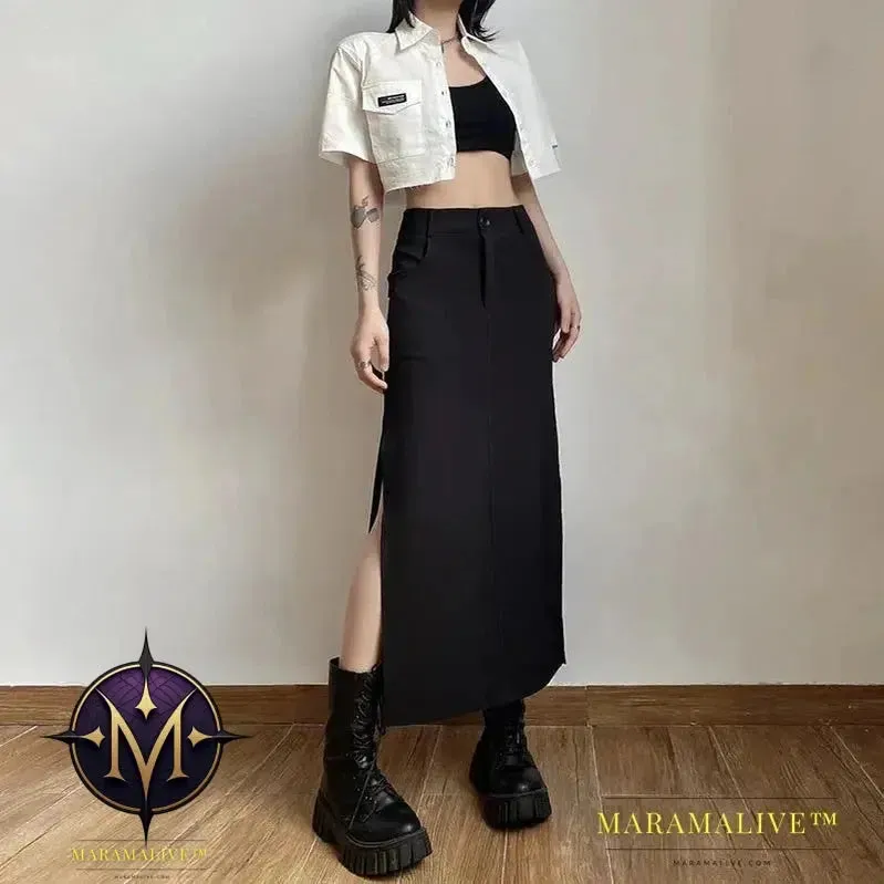Goth Dark Elegant Mall Gothic Trumpet Women Midi Skirts Grunge High Waist Split Sexy Club Long Skirt Slim Party Streetwear