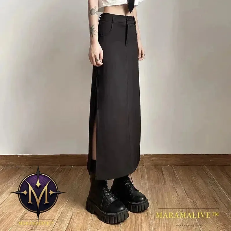 Goth Dark Elegant Mall Gothic Trumpet Women Midi Skirts Grunge High Waist Split Sexy Club Long Skirt Slim Party Streetwear