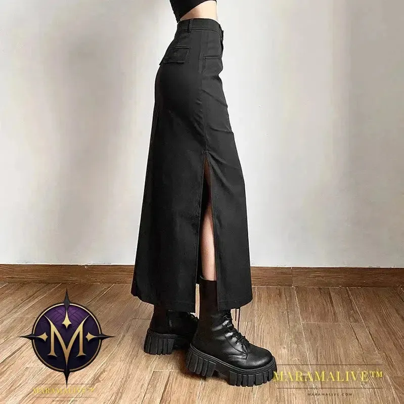 Goth Dark Elegant Mall Gothic Trumpet Women Midi Skirts Grunge High Waist Split Sexy Club Long Skirt Slim Party Streetwear