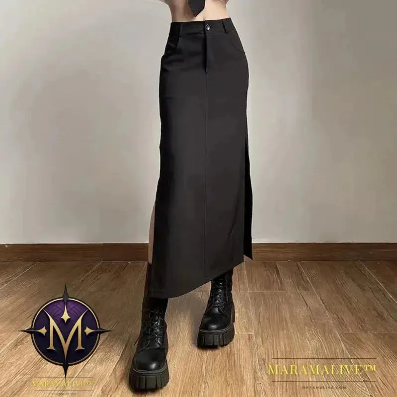 Goth Dark Elegant Mall Gothic Trumpet Women Midi Skirts Grunge High Waist Split Sexy Club Long Skirt Slim Party Streetwear
