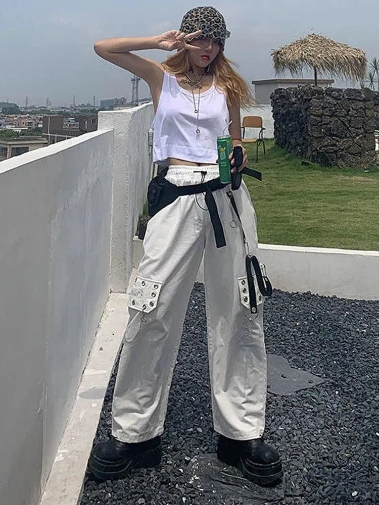 Gothic Black Cargo Pants for Women with Chain - Wide-Leg and Loose Fit
