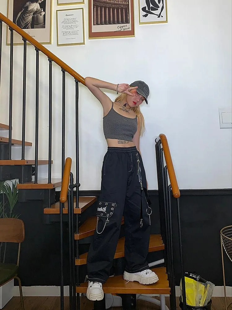 Gothic Black Cargo Pants for Women with Chain - Wide-Leg and Loose Fit