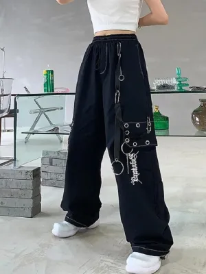 Gothic Black Cargo Pants for Women with Chain - Wide-Leg and Loose Fit