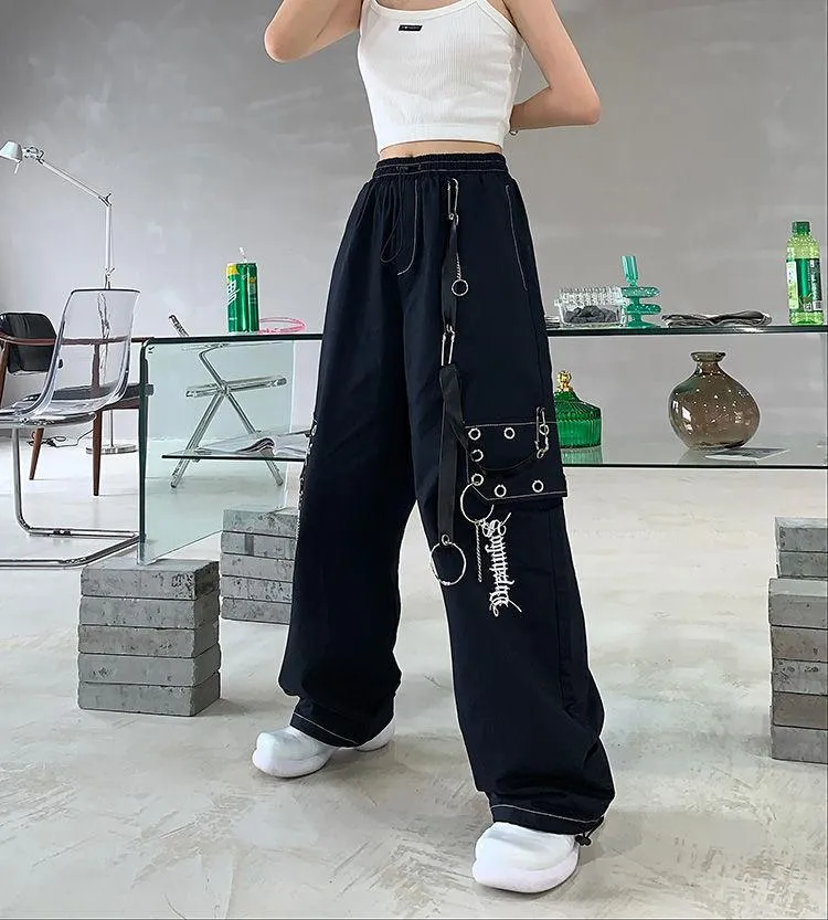 Gothic Black Cargo Pants for Women with Chain - Wide-Leg and Loose Fit