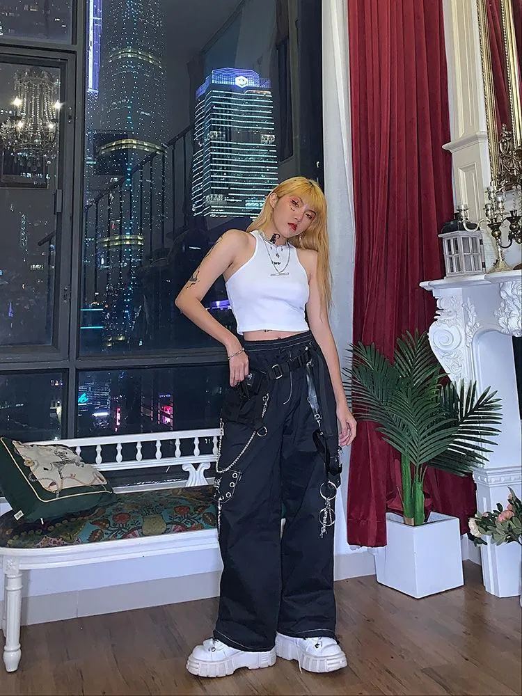 Gothic Black Cargo Pants for Women with Chain - Wide-Leg and Loose Fit