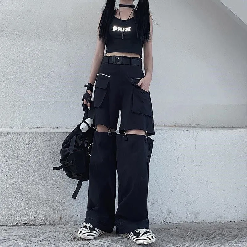 Gothic Black Cargo Pants for Women with Chain - Wide-Leg and Loose Fit