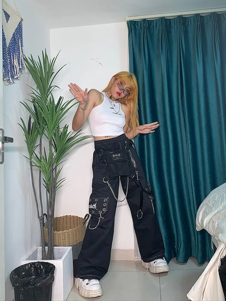 Gothic Black Cargo Pants for Women with Chain - Wide-Leg and Loose Fit