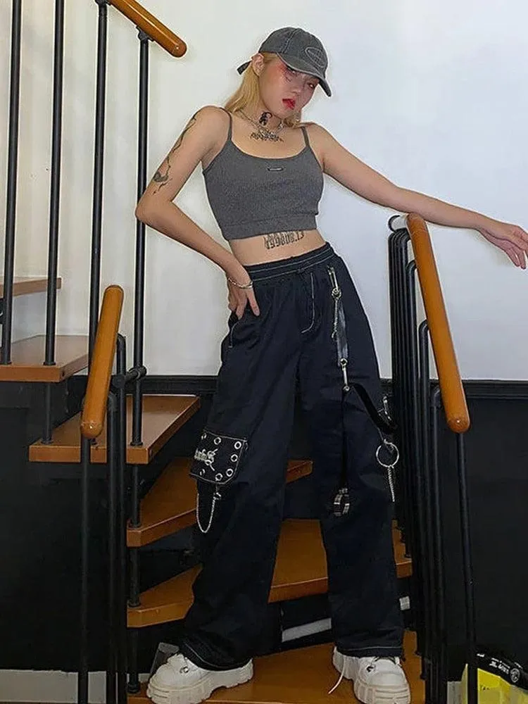 Gothic Black Cargo Pants for Women with Chain - Wide-Leg and Loose Fit