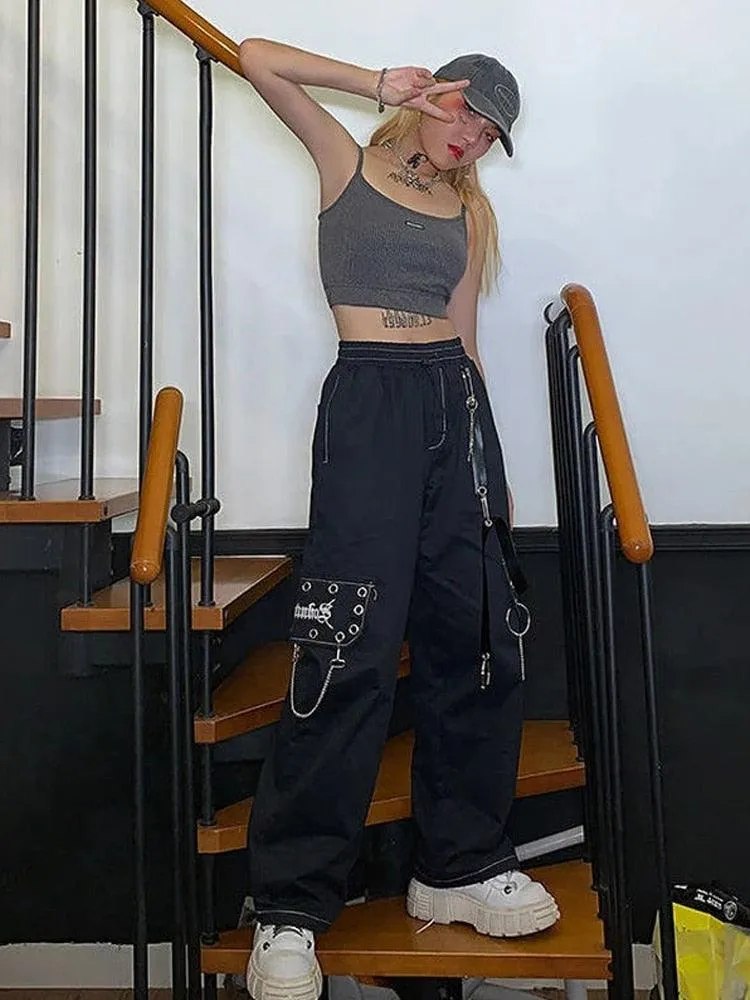 Gothic Black Cargo Pants for Women with Chain - Wide-Leg and Loose Fit