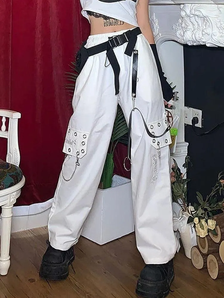Gothic Black Cargo Pants for Women with Chain - Wide-Leg and Loose Fit