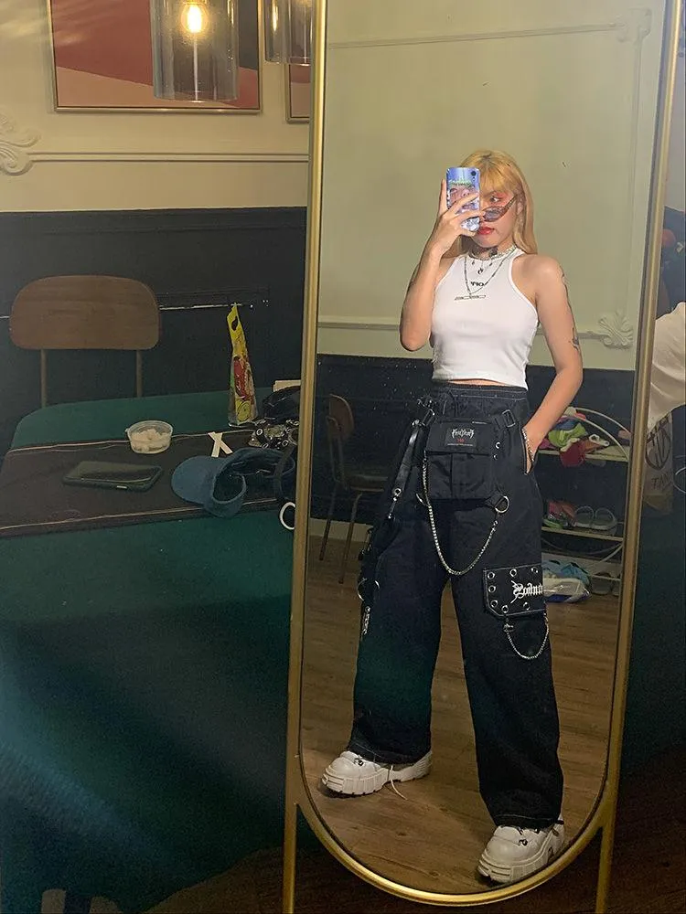 Gothic Black Cargo Pants for Women with Chain - Wide-Leg and Loose Fit