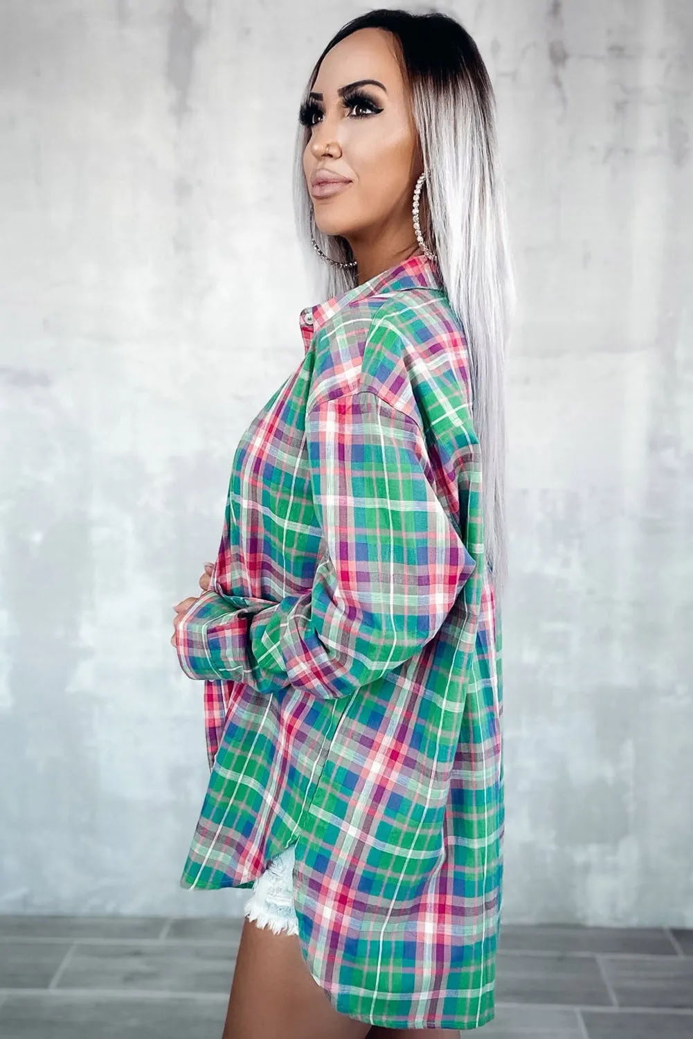 Green Plaid Long Sleeve Button Down Split Shirt