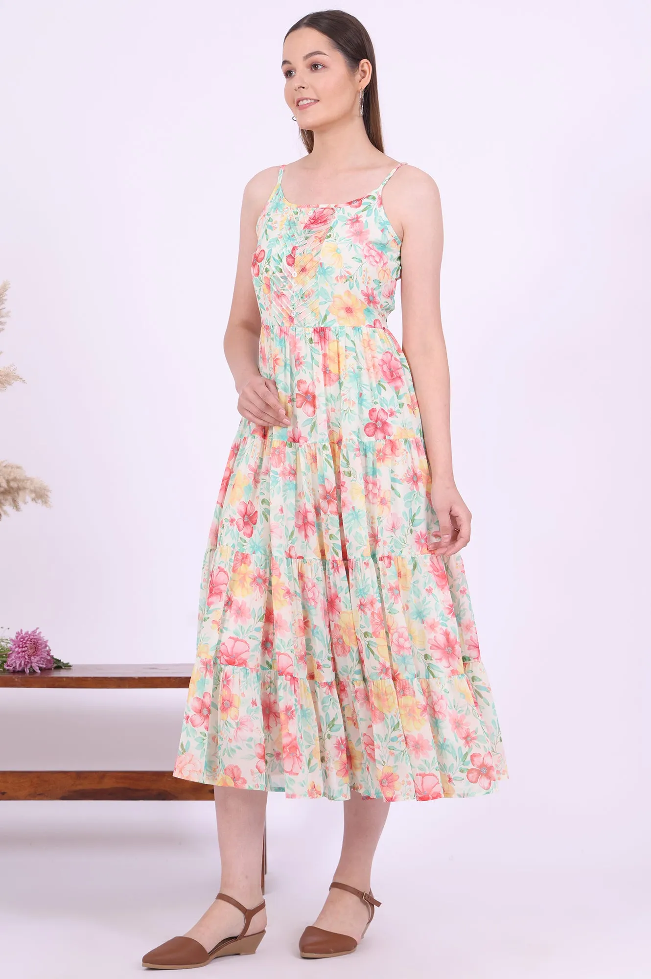 Green Printed Flarred Georgette Dresses
