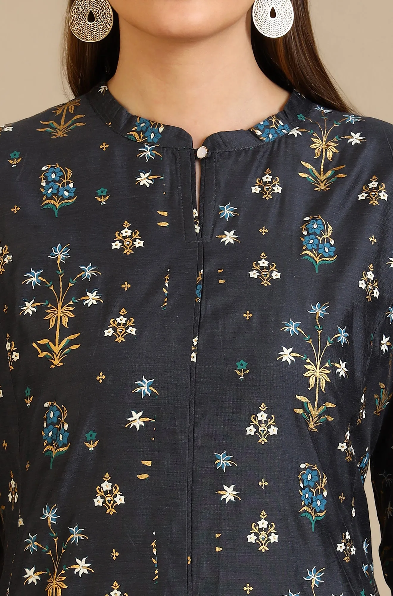 Grey Floral Printed A-line Chanderi Kurta