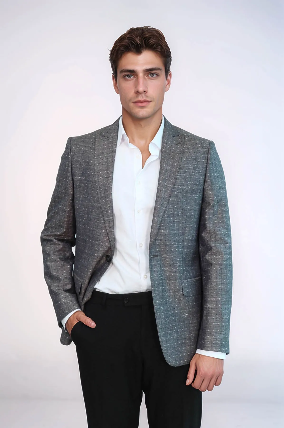 Grey Linen Dot Patterned Jacket | Wessi
