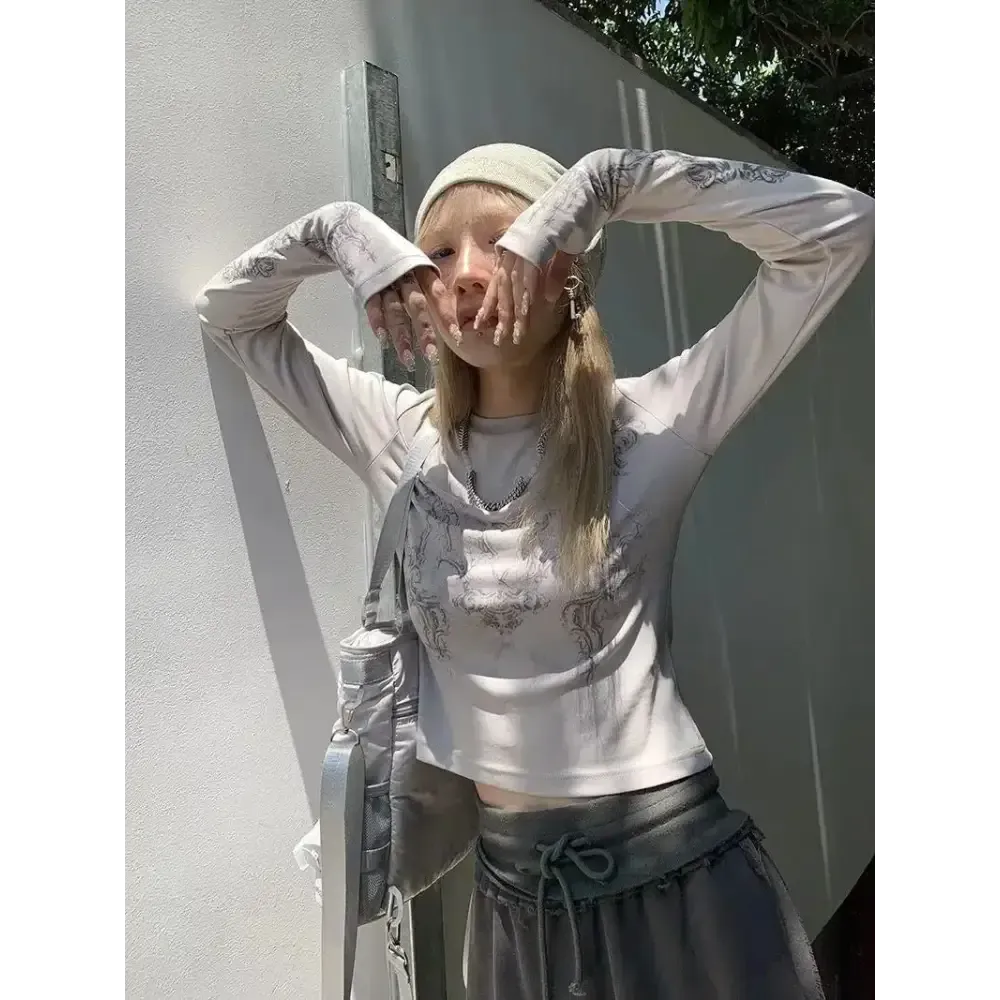 Grey Y2K Jacket with Sigil Patterns and Extended Cuffs