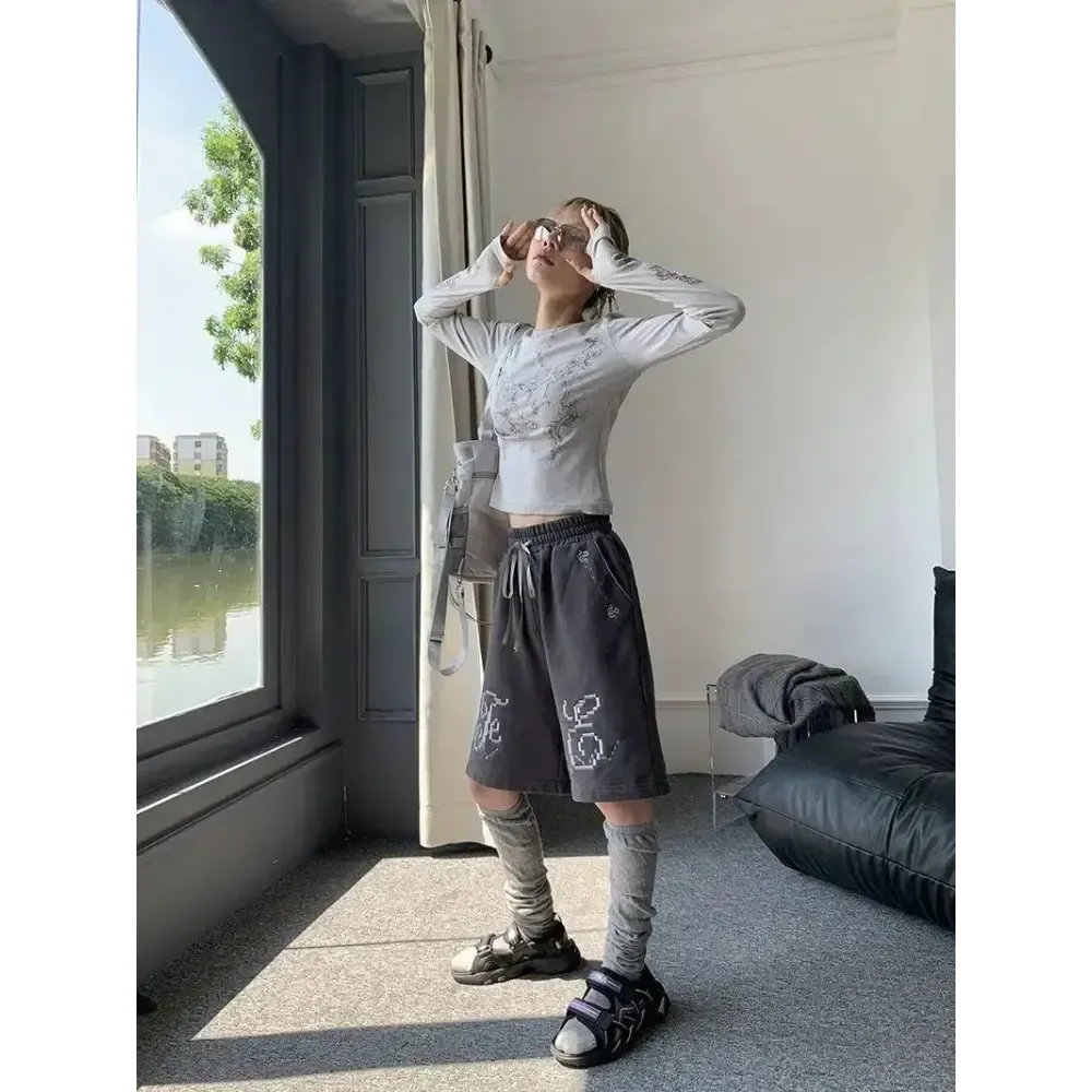 Grey Y2K Jacket with Sigil Patterns and Extended Cuffs