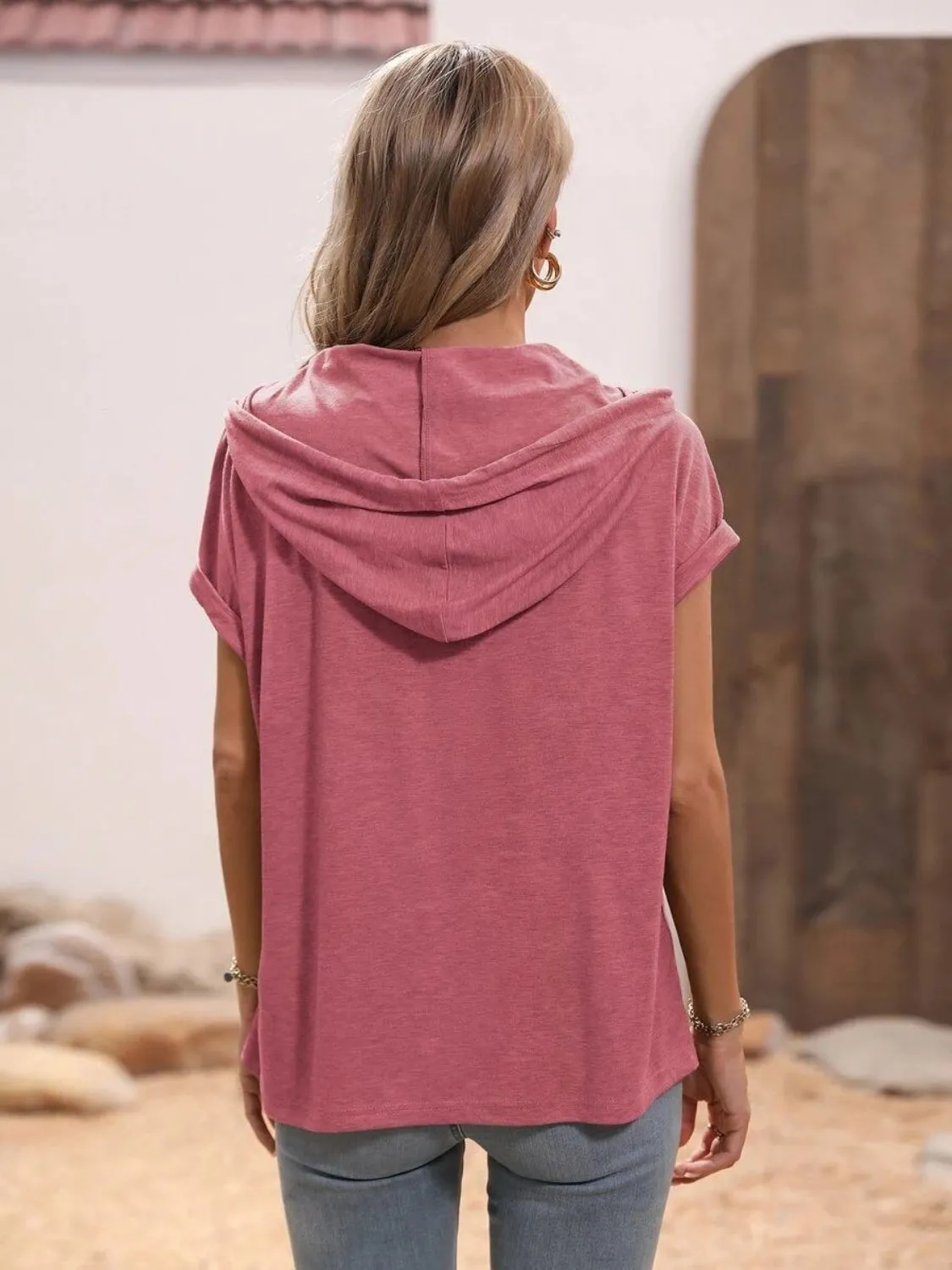 Half Button Hooded Short Sleeve Blouse (4 Colors)