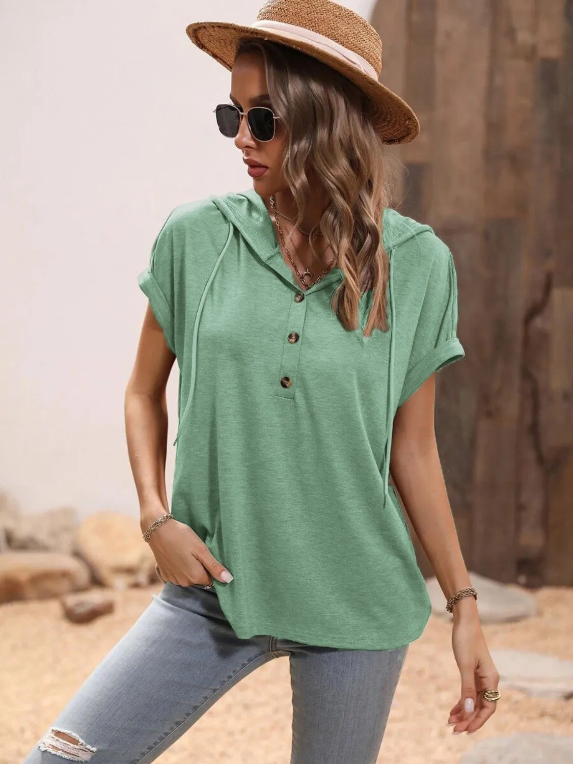 Half Button Hooded Short Sleeve Blouse (4 Colors)