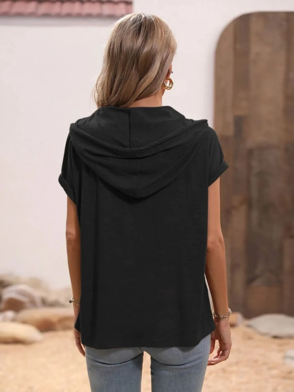 Half Button Hooded Short Sleeve Blouse (4 Colors)
