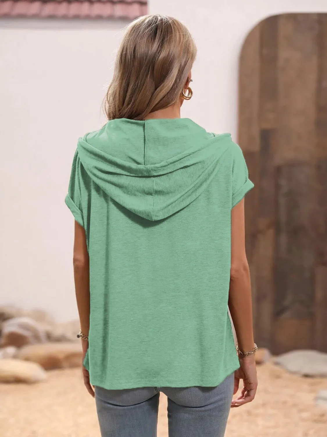 Half Button Hooded Short Sleeve Blouse (4 Colors)